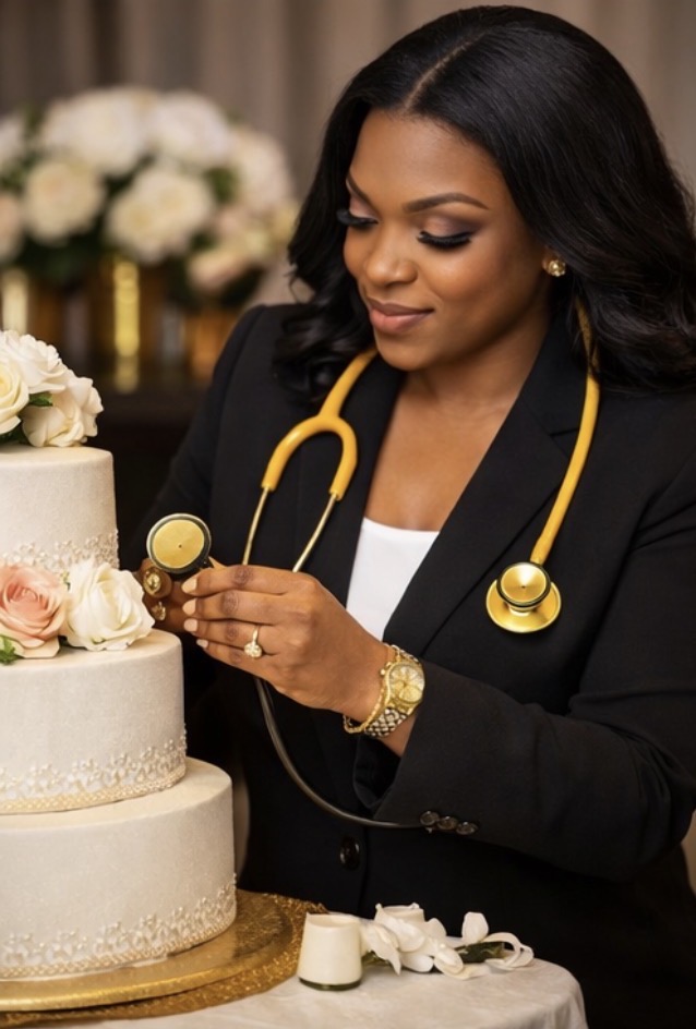 Dr. Ash with gold stethoscope examining an elegant tiered wedding cake