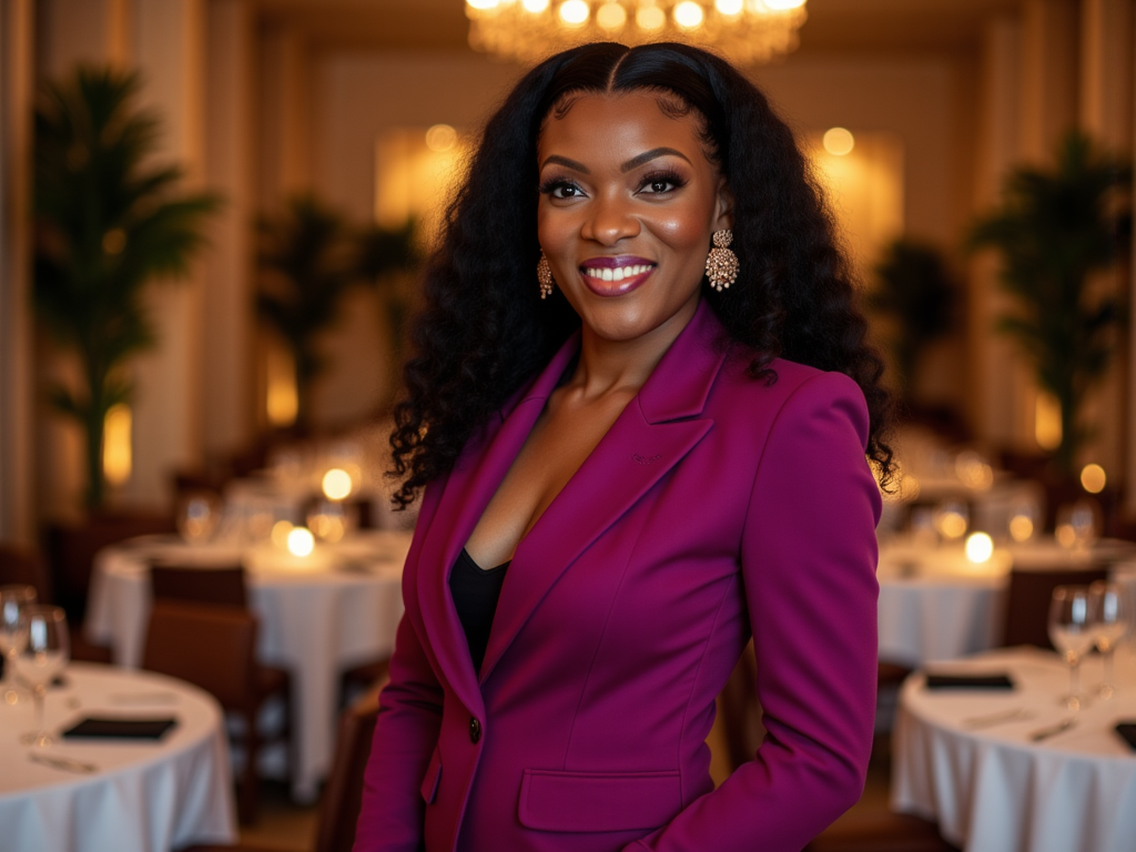 Dr. Ash, founder of The Events Doctor, in a magenta blazer at a luxury event
