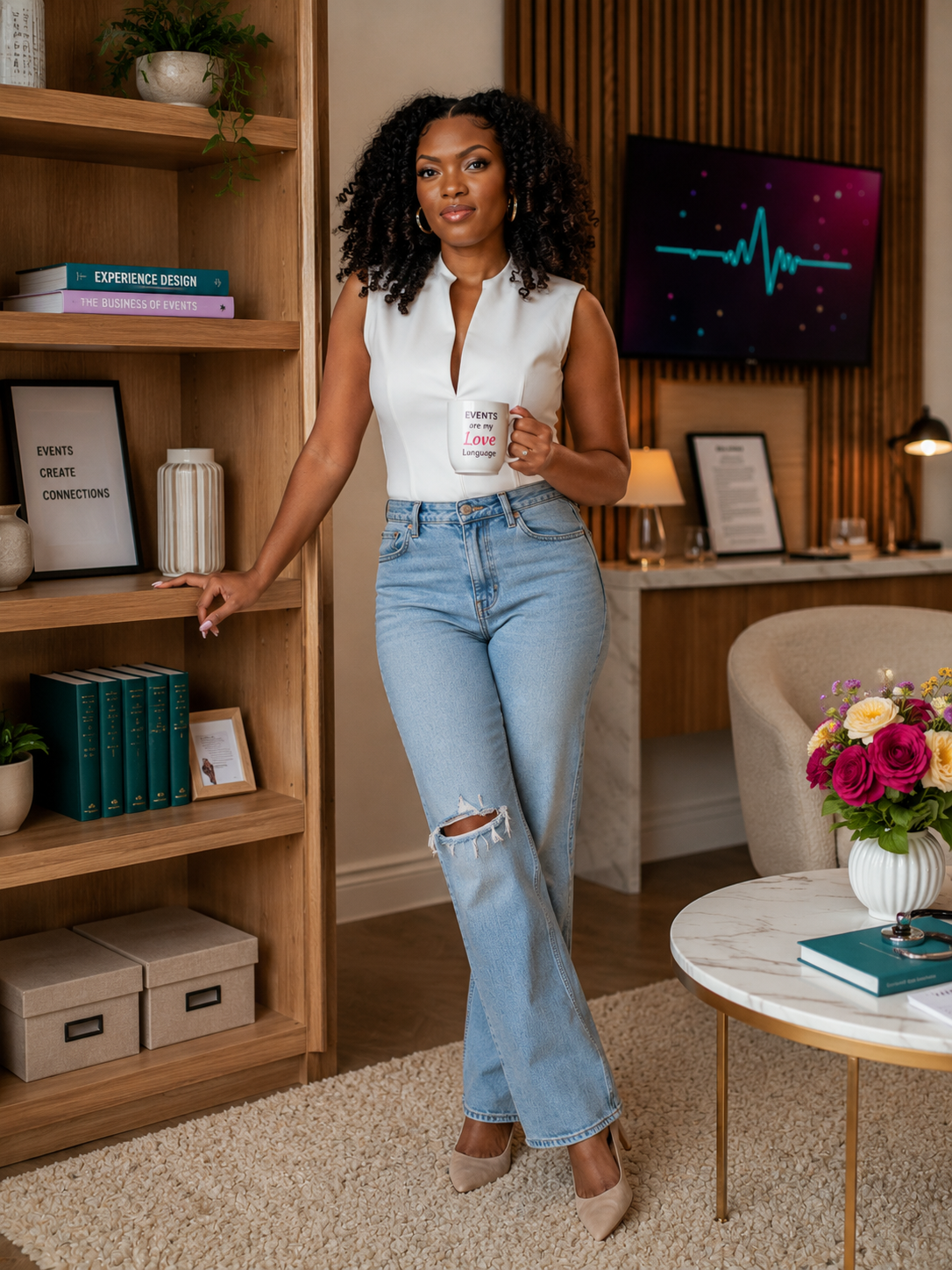 Dr. Ash in a modern office holding a mug that reads Events are my Love Language