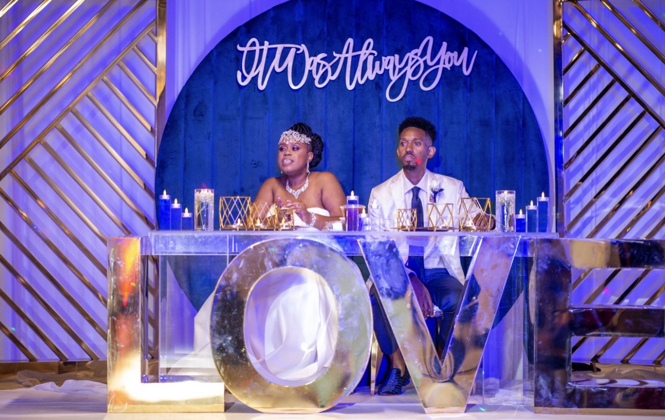 It Was Always You wedding sweetheart table with LOVE ice sculpture